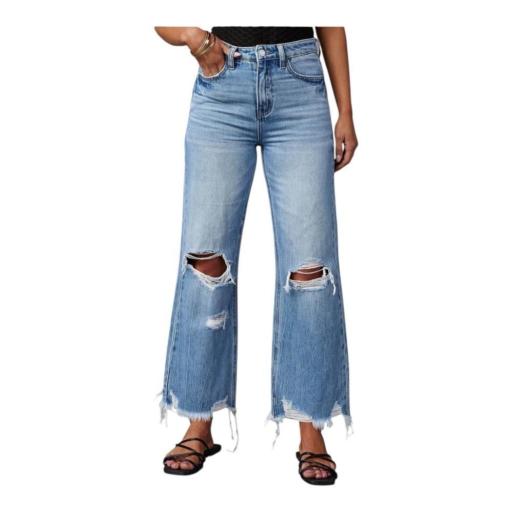Melarey Women’s High Waist Distressed‎ Ripped Wide Leg Cropped Jeans Size Medium